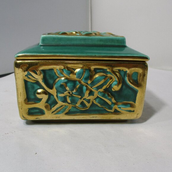Pretty Vintage Green & Gold Lidded Ceramic Scraffito Design Box - Picture 2 of 9